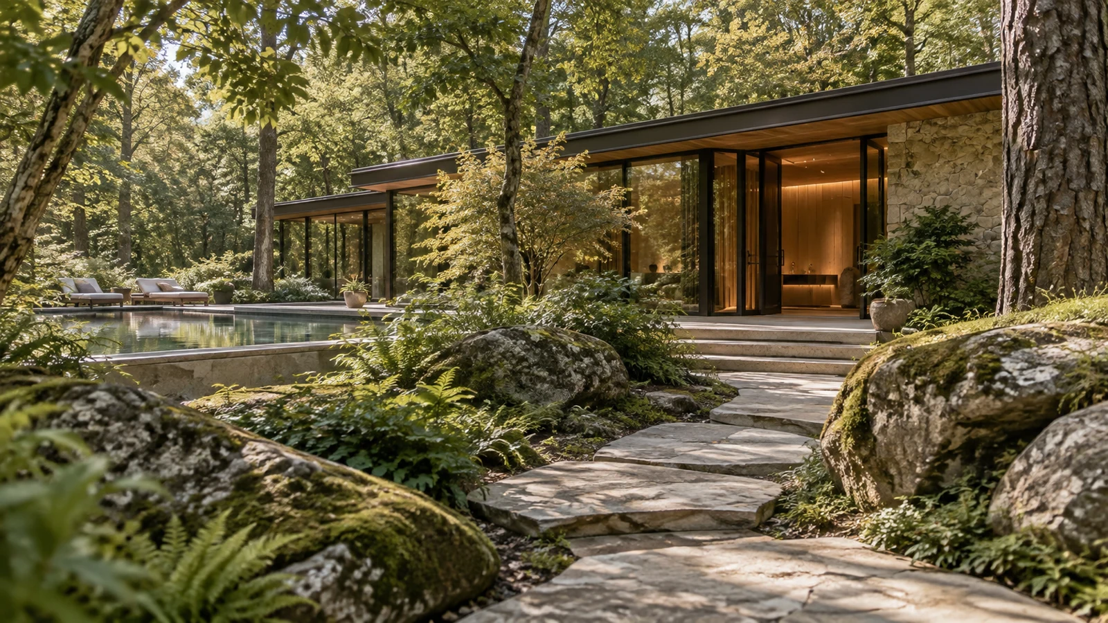 Le bâtiment vitré au milieu des arbres