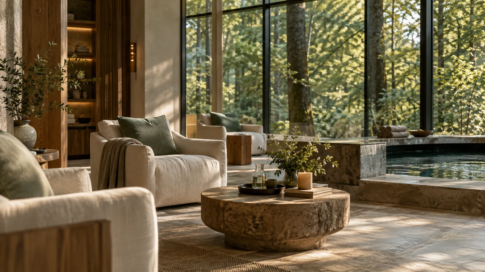 Salon ouvert sur la forêt, lumière filtrée